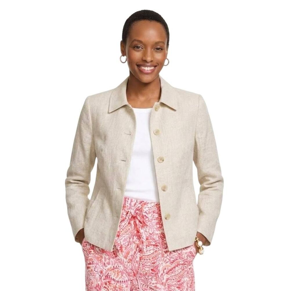 Talbots Oatmeal Irish Linen Button Front Jacket Blazer Lined Size 8 EUC